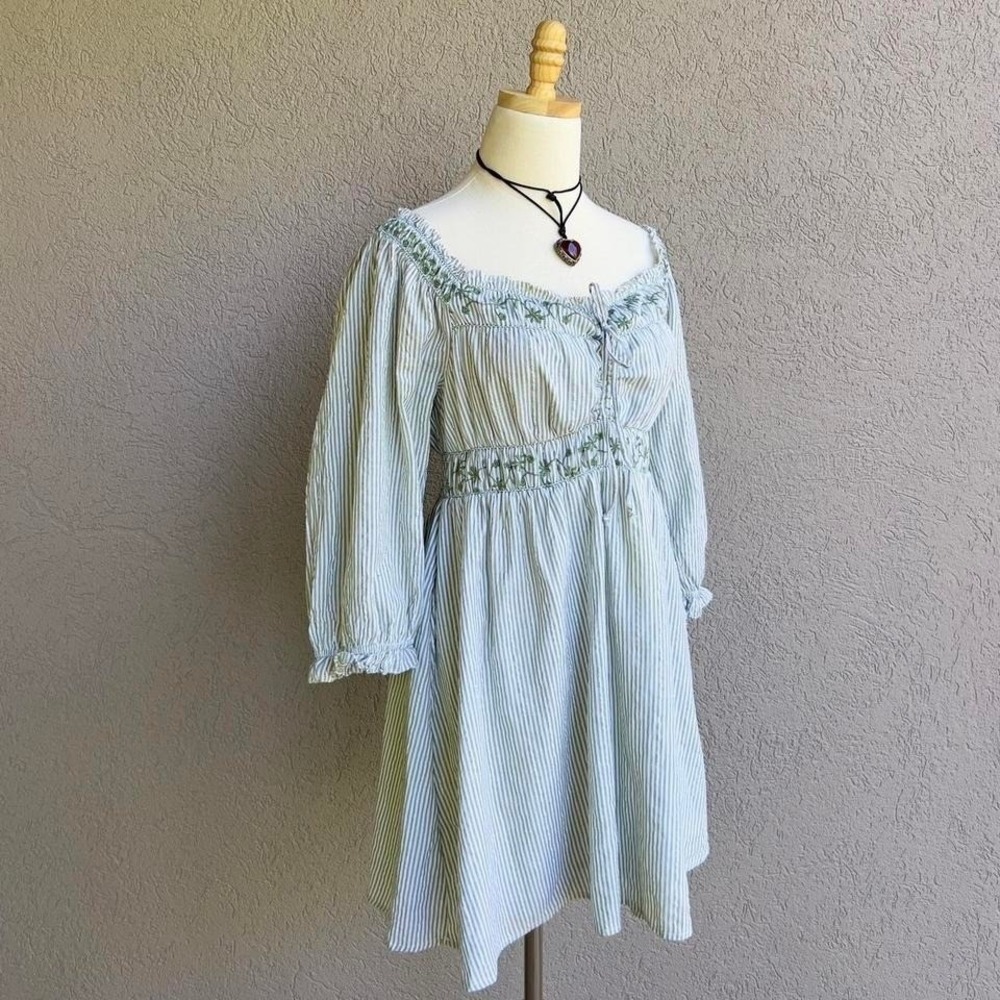 American Eagle Green Striped Long Sleeve Mini Dress Boho Cottagecore Sz Medium - Picture 3 of 8
